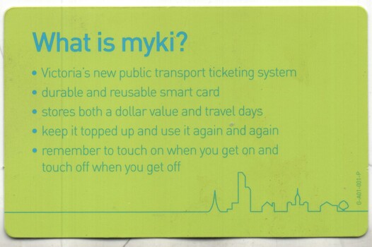 Myki Promotional card - what is Myki - rear