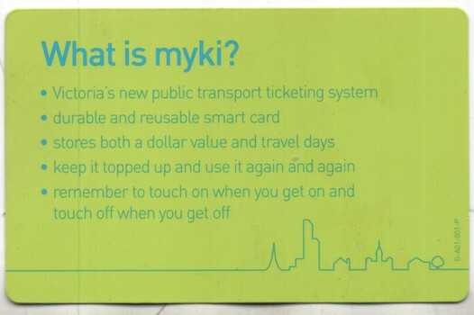 Myki Promotional card - what is Myki - rear