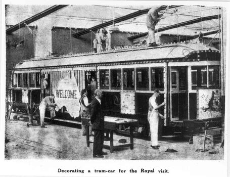 image from the David Featherstone collection of the tram being fitted out at Preston Workshops