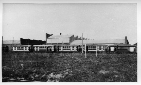 Line up of derelict tramcars at Preston Workshops