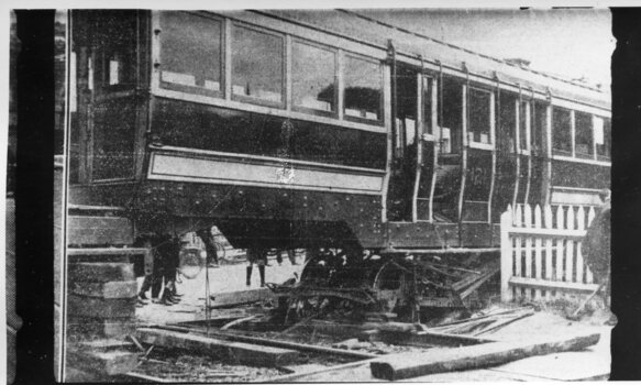Derailment of MMTB N Class tram 121 at Riversdale Road level Crossing - showing the amount of damage.