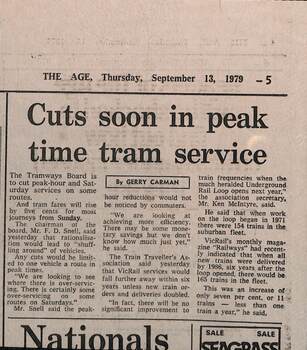 Newspaper clipping - "Cuts soon in peak time tram service"