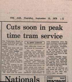 Newspaper clipping - "Cuts soon in peak time tram service"