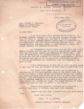 Letter re Edison Storage Battery Car dated 24-1-1921