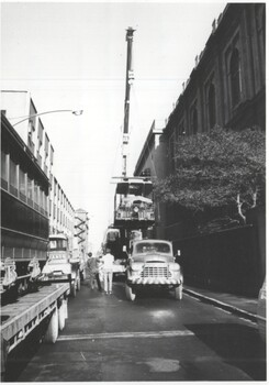 Photograph - Cable tram set No. 1 being moved to Preston Workshops - being lifted from the then Science Museum
