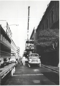 Photograph - Cable tram set No. 1 being moved to Preston Workshops - being lifted from the then Science Museum