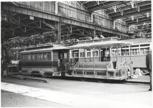 Photograph - the tram set in the lifting shop at Preston Workshops