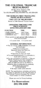 Colonial Tramcar Restaurant - promotional detail flyer - page 1