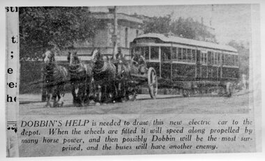 New W Class tram being delivered to a depot by by a horse drawn jinker from the body builders.