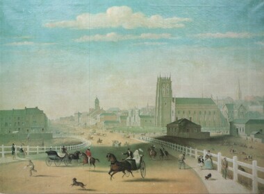 Reproduction of an oil painting - Swanston Street from Princes Bridge c1861