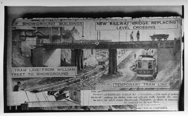 Epson Road Rail Bridge under construction with MMTB U Class tram on temporary track - Newspaper photo