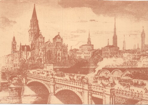 Lithograph drawing - Princes Bridge from the south bank of the Yarra River