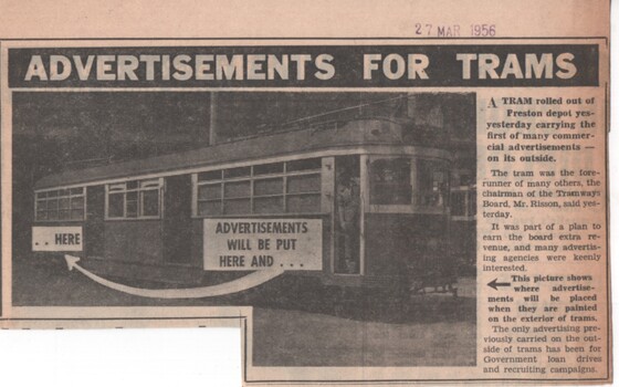Newspaper Clipping - "Advertisements for Trams"