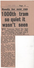 Newspaper cutting - "1000th tram so quiet it wasn't seen"