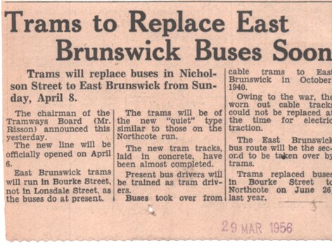 Newspaper cutting - "Trams to Replace East Brunswick Buses Soon" 