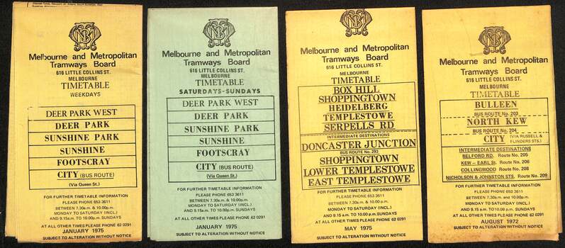 Image of covers of the MMTB Bus timetables - 1970s - 1 of 4