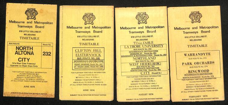 Image of covers of the MMTB Bus timetables - 1970s - 2 of 4