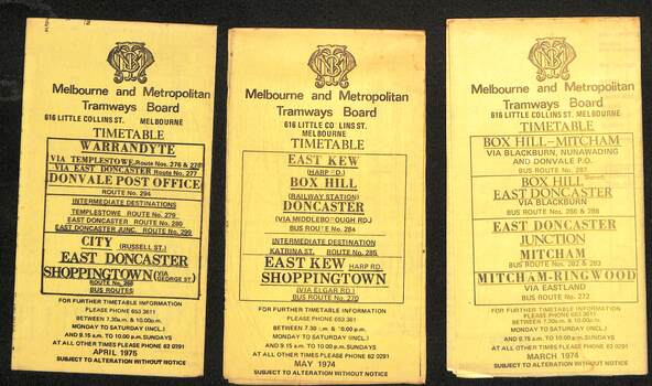 Image of covers of the MMTB Bus timetables - 1970s - 3 of 4