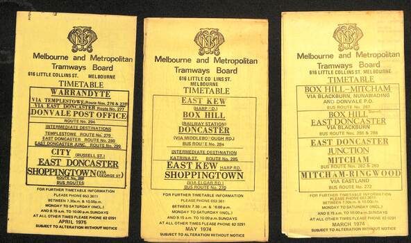 Image of covers of the MMTB Bus timetables - 1970s - 3 of 4