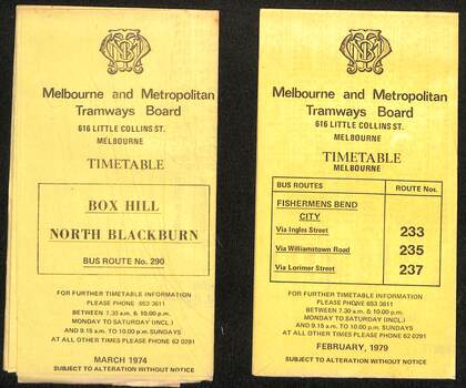 Image of covers of the MMTB Bus timetables - 1970s - 4 of 4