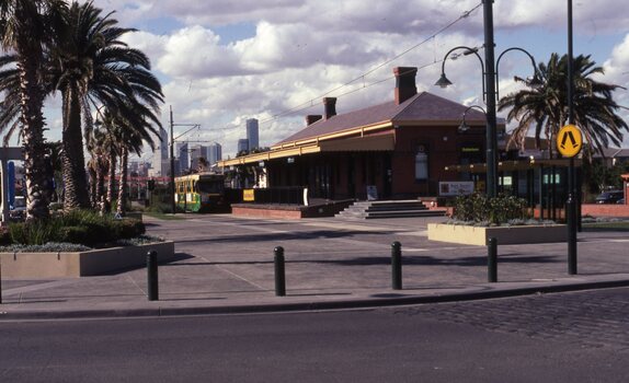 Tram departing the Port Melbourne terminus with the former Port Melbourne station building in the background.