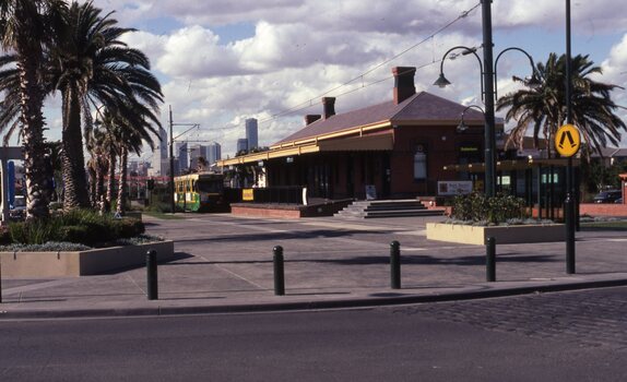 Tram departing the Port Melbourne terminus with the former Port Melbourne station building in the background.