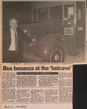 Newspaper clipping from the Herald Sun 5-6-1993 - Bus bonanza at the 'batcave'