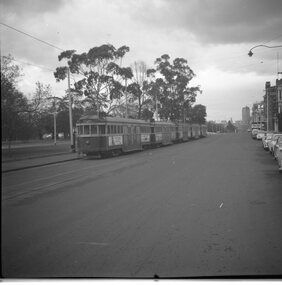 five W2 class trams - Wellington Parade - Simpson Street