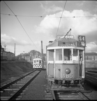 trams 485 and 15 stored in the Preston workshoos yard.