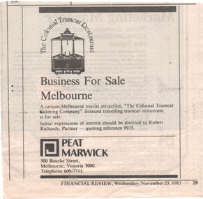 Notice - The Colonial Tramcar Restaurant for sale