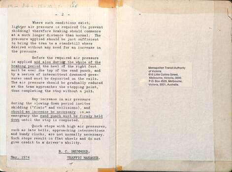 "Instructions to Drivers in Electric Tram Operation" - tram braking and inside rear cover.