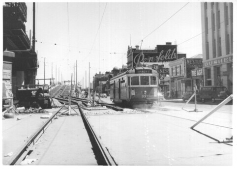 prior to diversion onto the new bridge.   Sw6 837 on a route 28 using the original track.