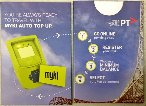 myki ticket folder advertising the auto top-up feature of myki cards.