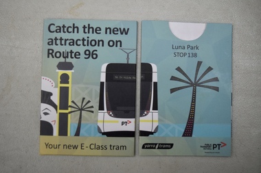myki ticket folder advertising new E-class trams on Route 96, which also serves Luna Park.