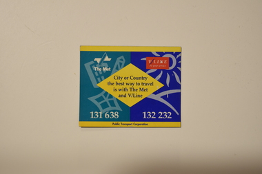 Rectangular sheet magnet advertising the PTC and V/Line along with contact numbers.
