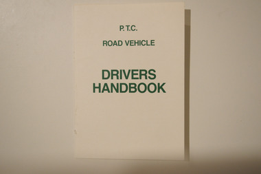 Off-white booklet with green text, printed as a Drivers Handbook for PTC drivers.