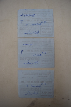 The unprinted side of a set of 3 receipts from the AT&MOEA.
