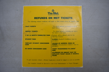 A poster outlining permissibility of refunds for different ticket types issued by The Met.
