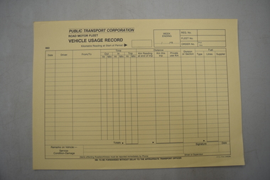 Blank record forms from the PTC for logging usage of road vehicles.