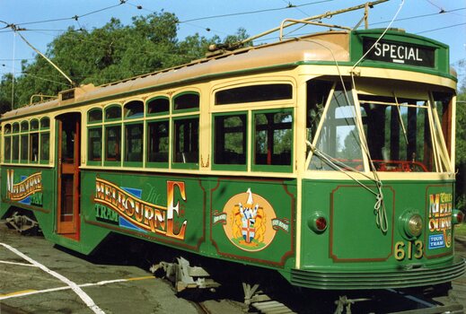 A Y1-class tram (number 613) stopped at Preston Workshops.