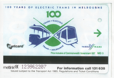 Enlarged sample Metcard - 100 year of electric trams in Mwlbourne