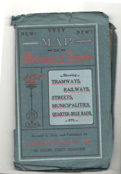 Map of Melbourne and Suburbs showing Tramways, Railways, Streets, postal districts, Quarter-Mile Radii etc" - c1922