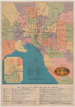 "Map and timetable of Melbourne Tram and Bus Services" - marked up for hypothetical extensions.