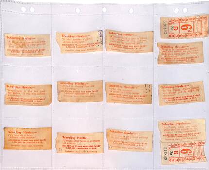 "Schoolboy Howler" 6d tram tickets rear