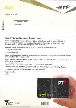 Letter to myki cardholder with replacement card
