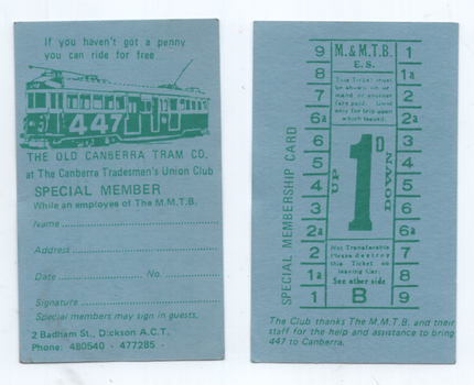 "Canberra Tradesmen's Union Club" - membership ticket