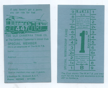 "Canberra Tradesmen's Union Club" - membership ticket