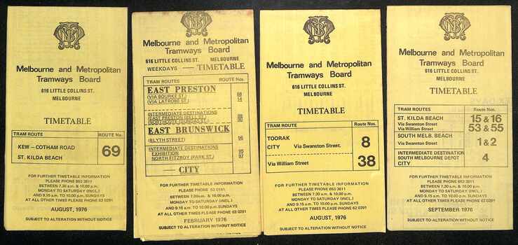 Timetables - MMTB trams - set of 8 - sheet 1 of 2