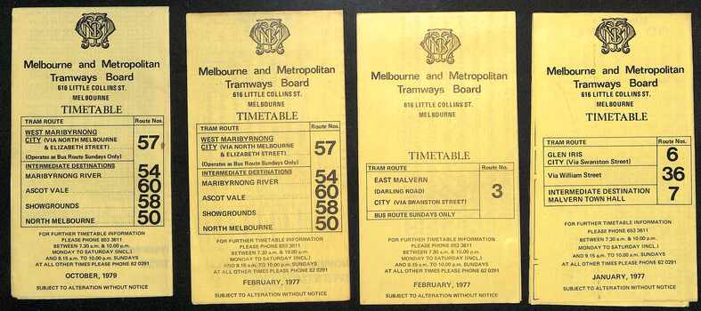 Timetables - MMTB trams - set of 4