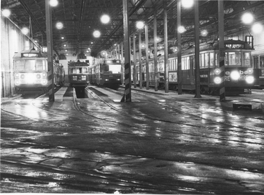 Kew tram depot at night